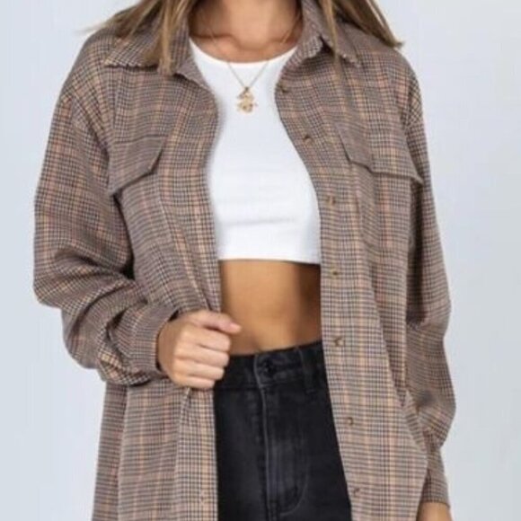 Princess Polly Tops - Princess Polly Willa Plaid Oversized Brown Button Up Long Sleeved Shirt